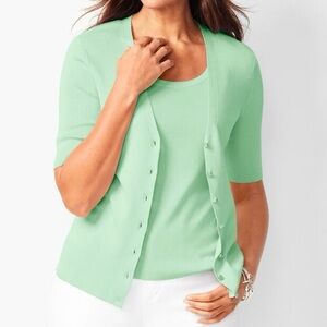 NWT Talbots Kelly Cardigan Sweater Elbow Length Sleeves Mint Green‎ Size Large